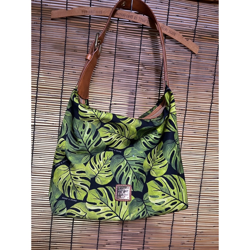 Dooney & Bourke Monstera Leaf Palm Print Hobo Bag Green Black Leather Trim
